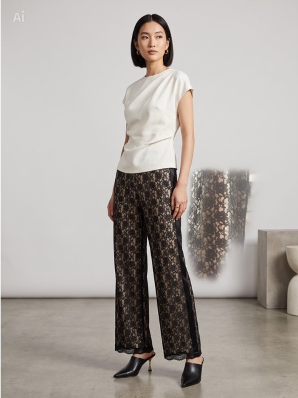 Worthington Black Lace Wide-Leg Pants with Gold Underlay